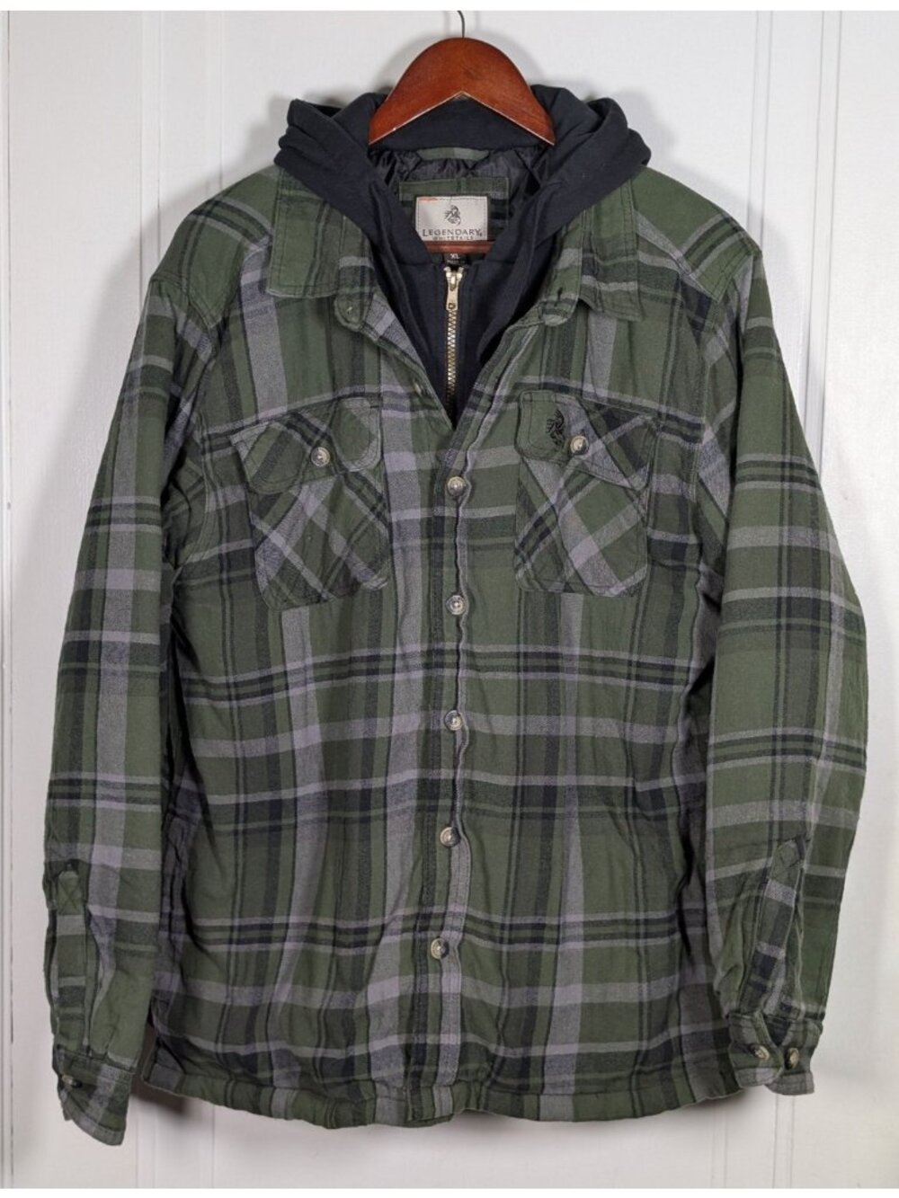 Legendary Whitetails Flannel Hooded Shirt Jacket Mens Sz XL Green Plaid Shacket